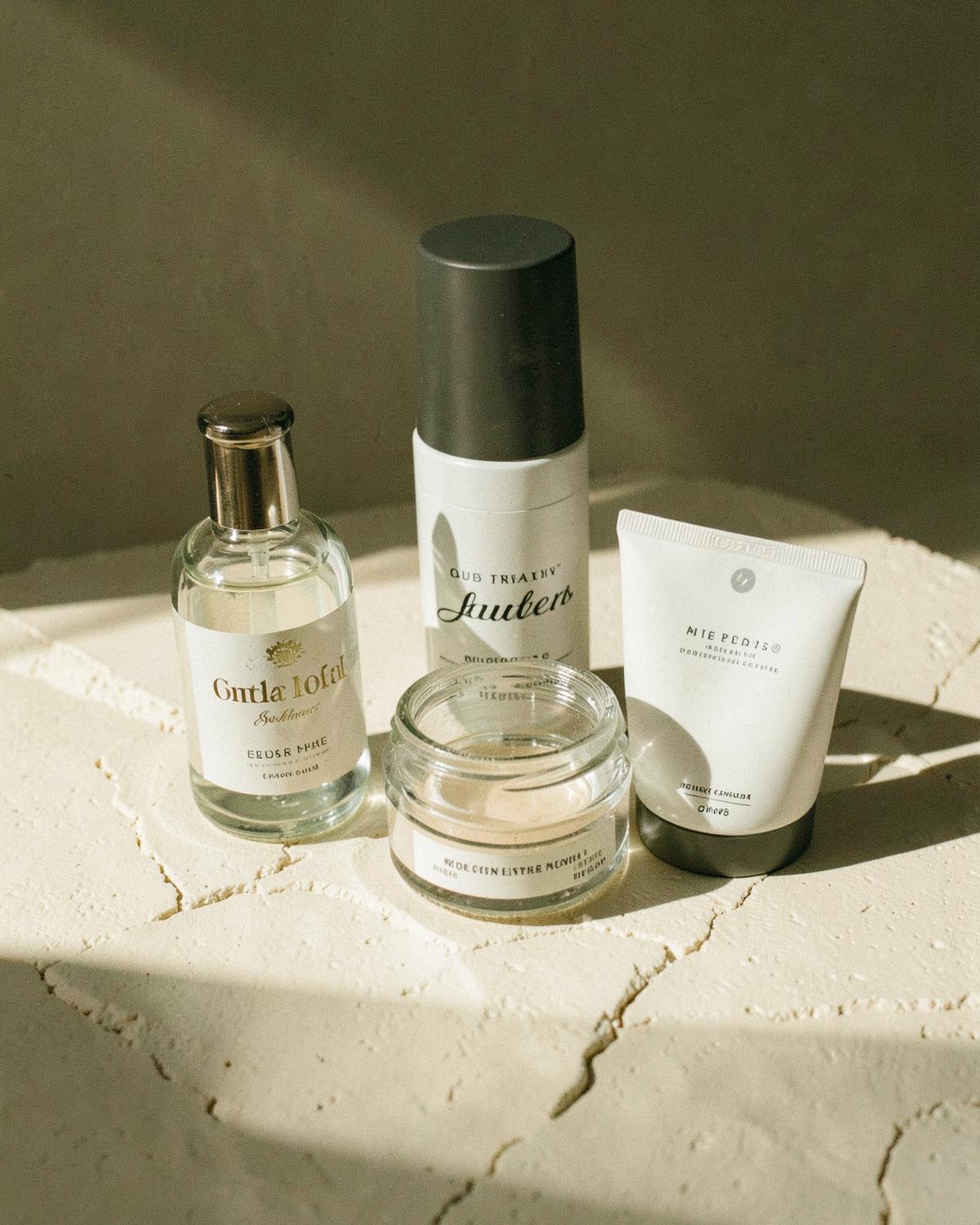 Unbranded beauty and personal care products in raking daylight