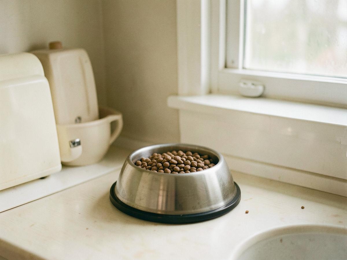 A pet food bowl on a kitchen counter in soft daylight